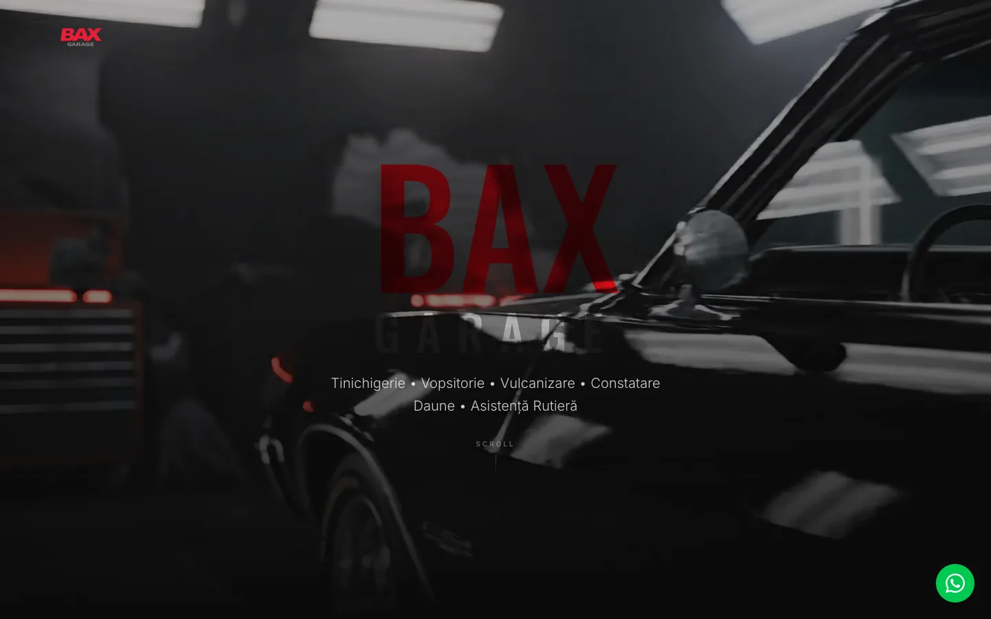 The Bax Garage site: a dark workshop photograph behind the BAX GARAGE wordmark and the shop's services in Romanian.
