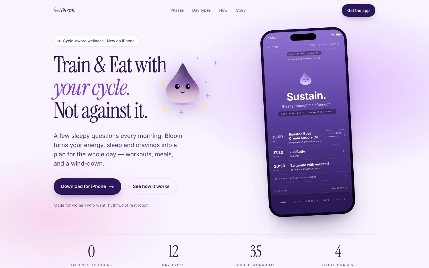 The Feel Bloom marketing site: a 'Train & Eat with your cycle' hero beside an iPhone showing the app's daily plan of meals, workouts and a wind-down.