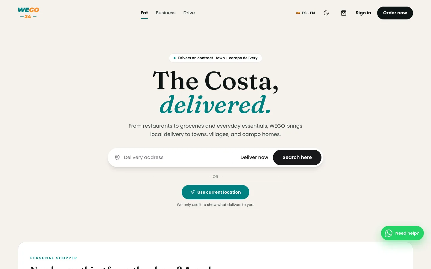 The WEGO storefront on desktop: a 'The Costa, delivered.' hero above a delivery-address search for restaurant and grocery orders.